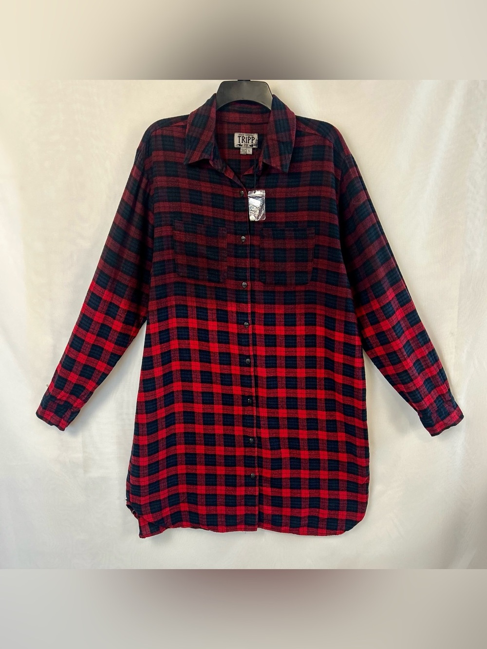New Tripp NYC Red Plaid Long Womens Cotton Flannel Punk Shirt / Large